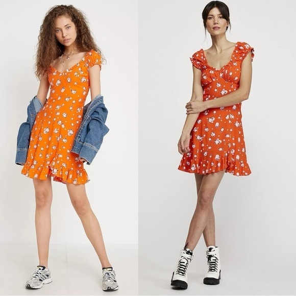 Free People Like A Lady Linen Mini Dress in Orange  Medium Fruit Ruffles Picnic - Picture 3 of 17